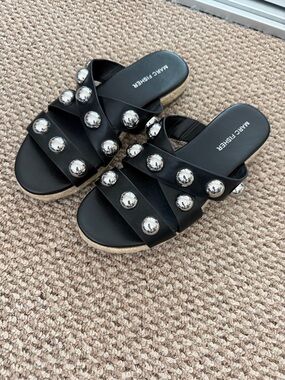 Marc Fisher Black Slide Sandals with Silver Studs Size 6.5